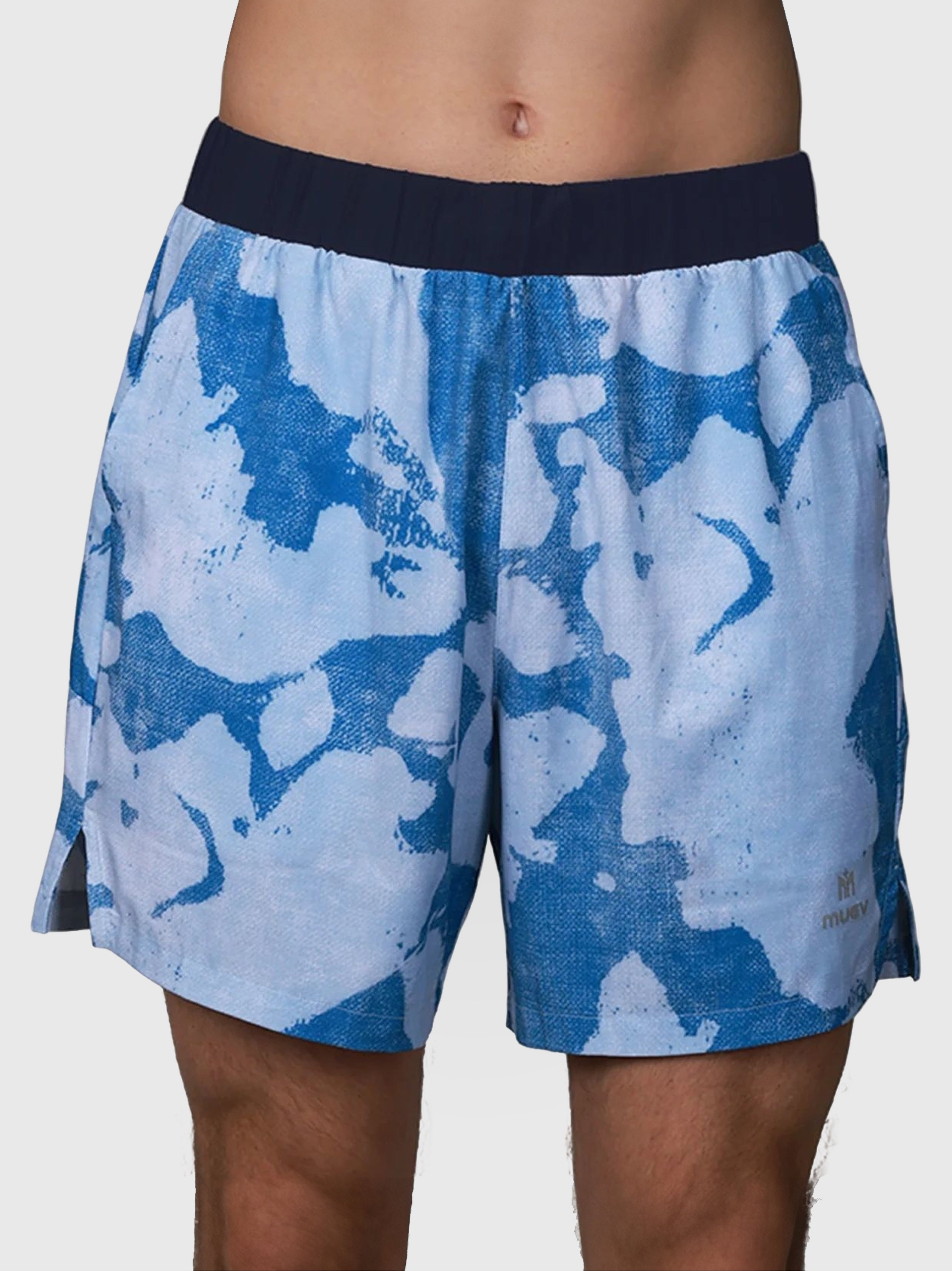 Front view of blue abstract pattern Base Line Short by MUEV designed for padel and pickleball clothing