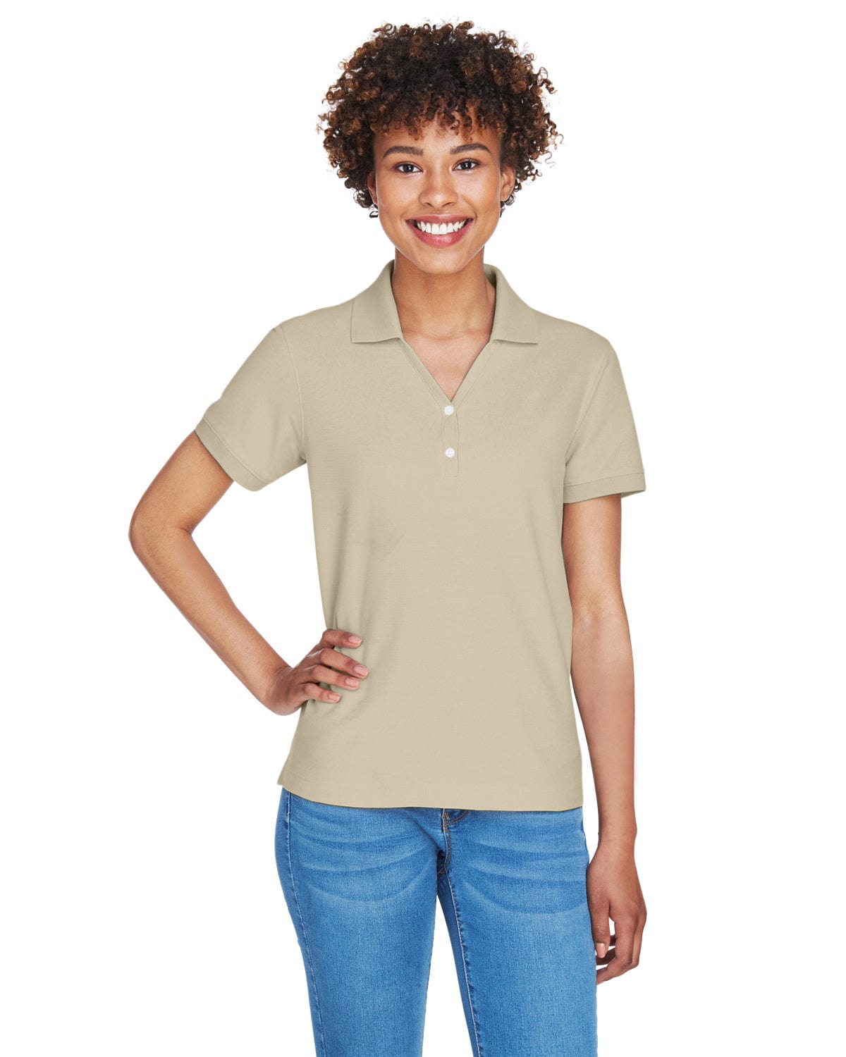 Devon & Jones Ladies Fine Pima Pique Polo D100W | Stone - Front