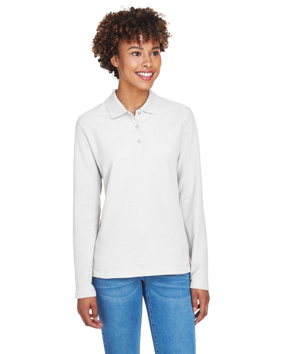 Devon & Jones Ladies Long Sleeve Polo Shirt D110W | White - Front