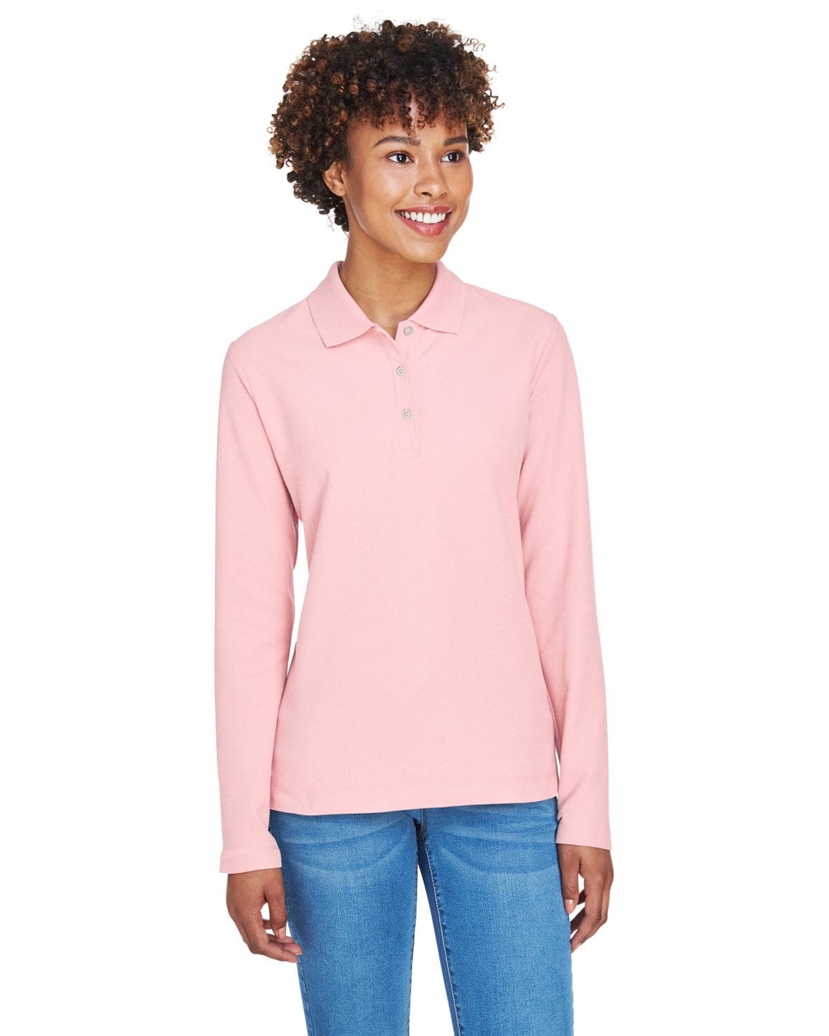 Devon & Jones Ladies Long Sleeve Polo Shirt D110W | Pink - Front