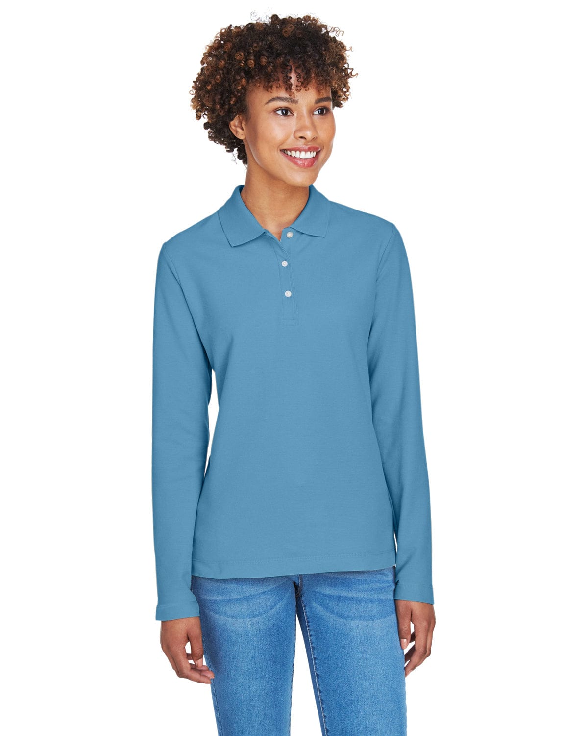 Devon & Jones Ladies Long Sleeve Polo Shirt D110W | Slate Blue - Front