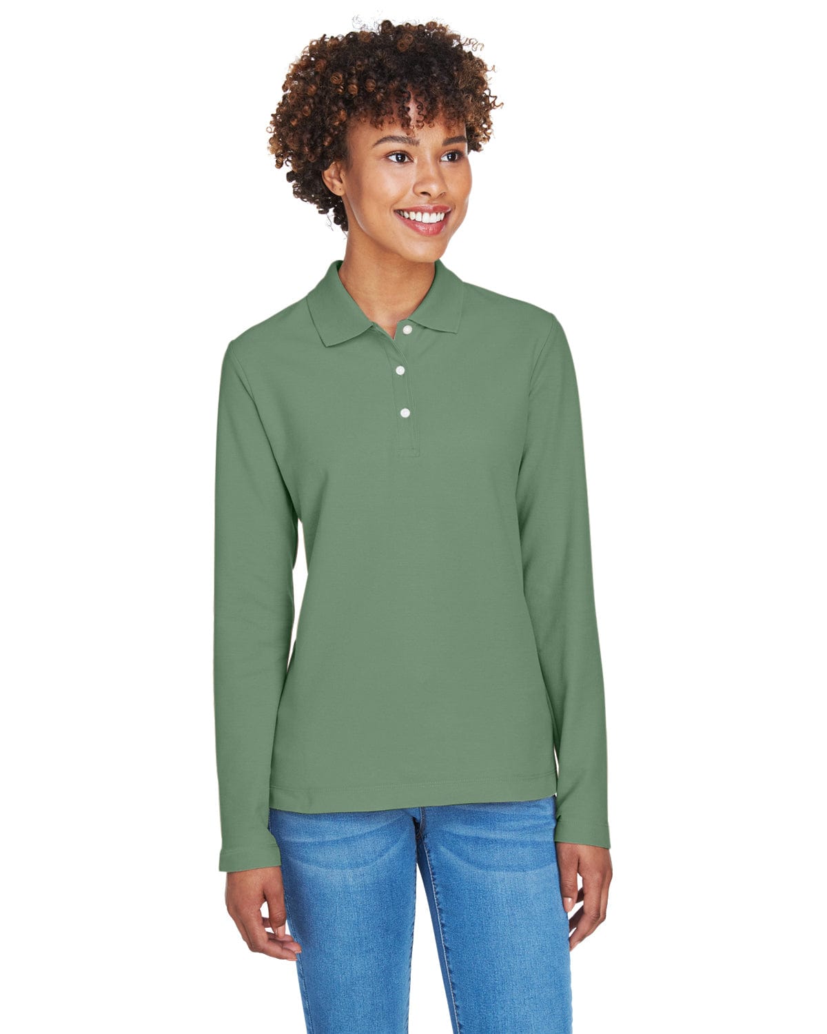 Devon & Jones Ladies Long Sleeve Polo Shirt D110W | Dill - Front
