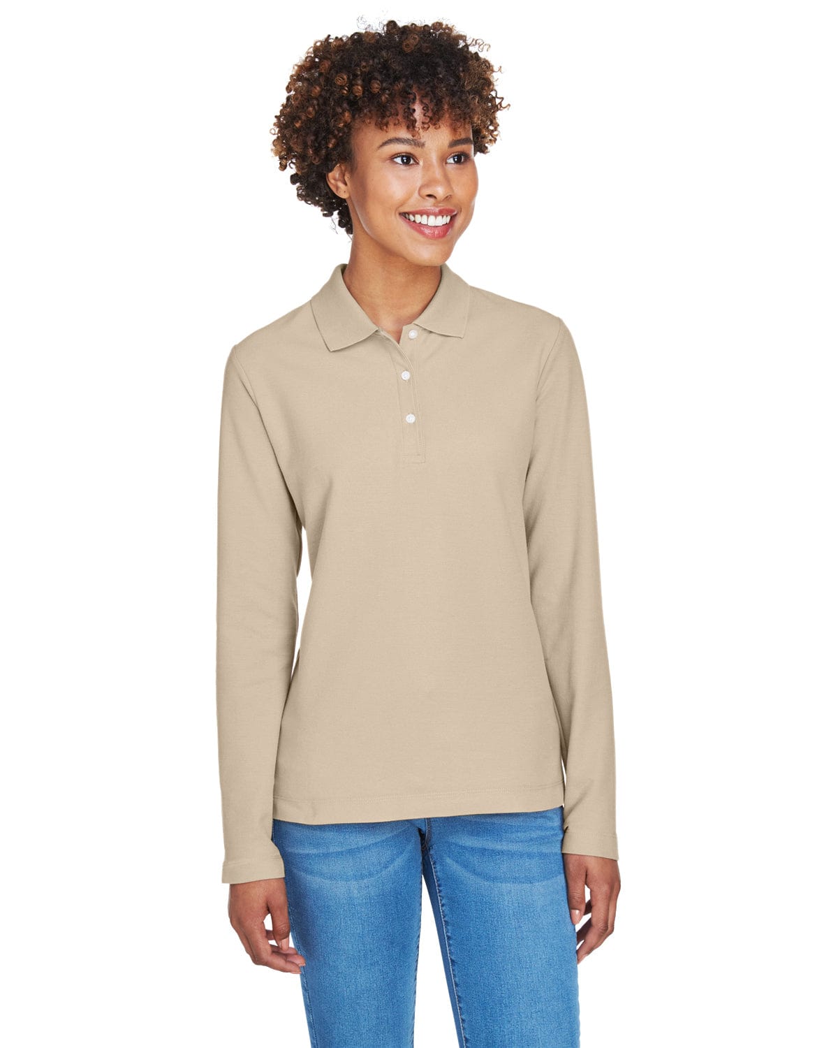 Devon & Jones Ladies Long Sleeve Polo Shirt D110W | Stone - Front