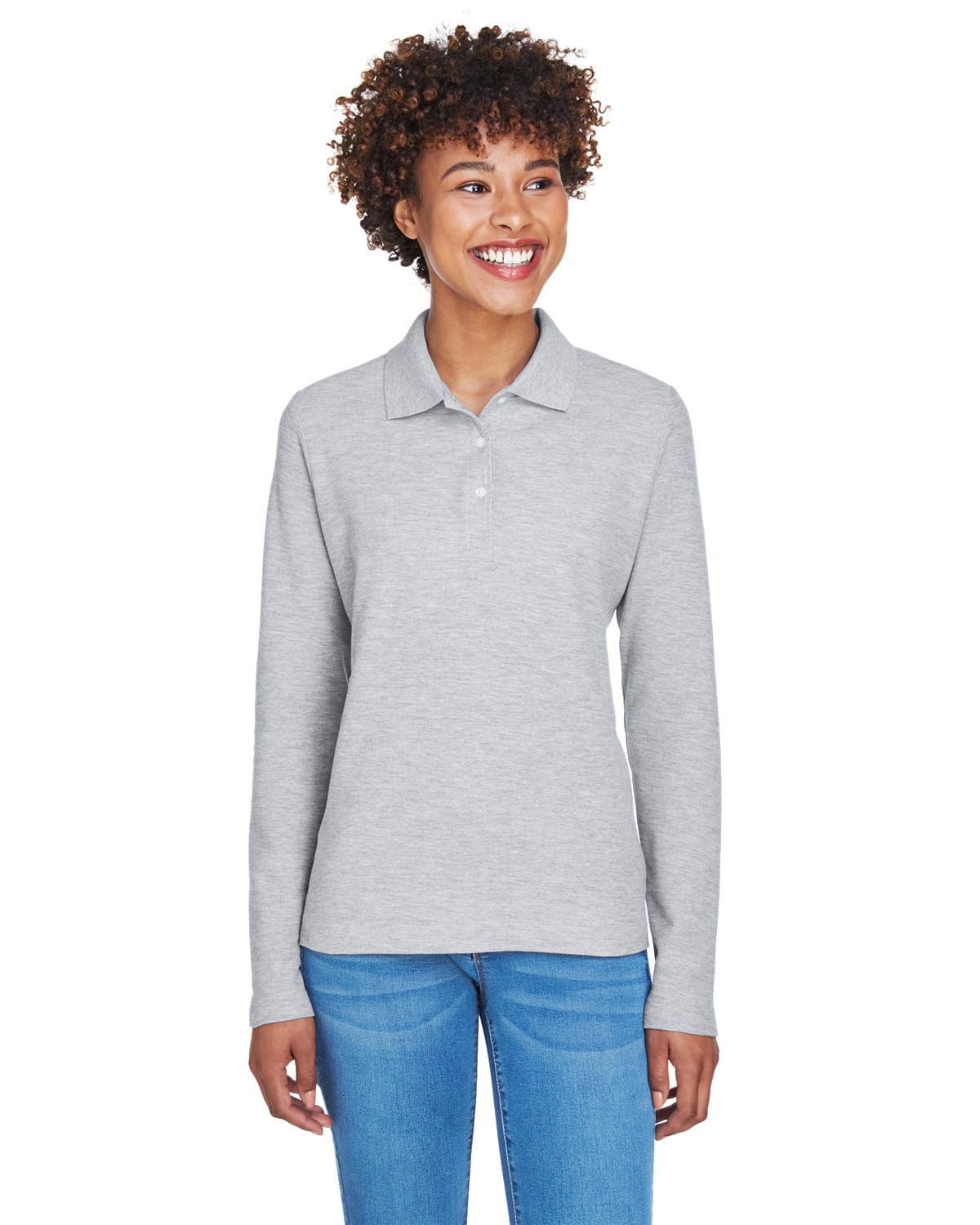Devon & Jones Ladies Long Sleeve Polo Shirt D110W | Grey Heather - Front