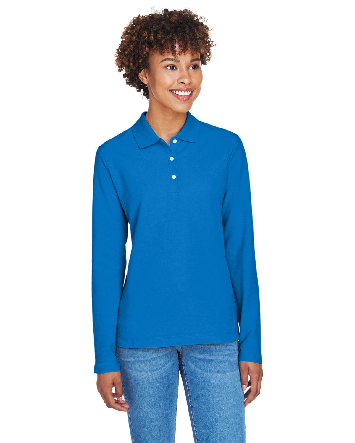 Devon & Jones Ladies Long Sleeve Polo Shirt D110W | French Blue - Front