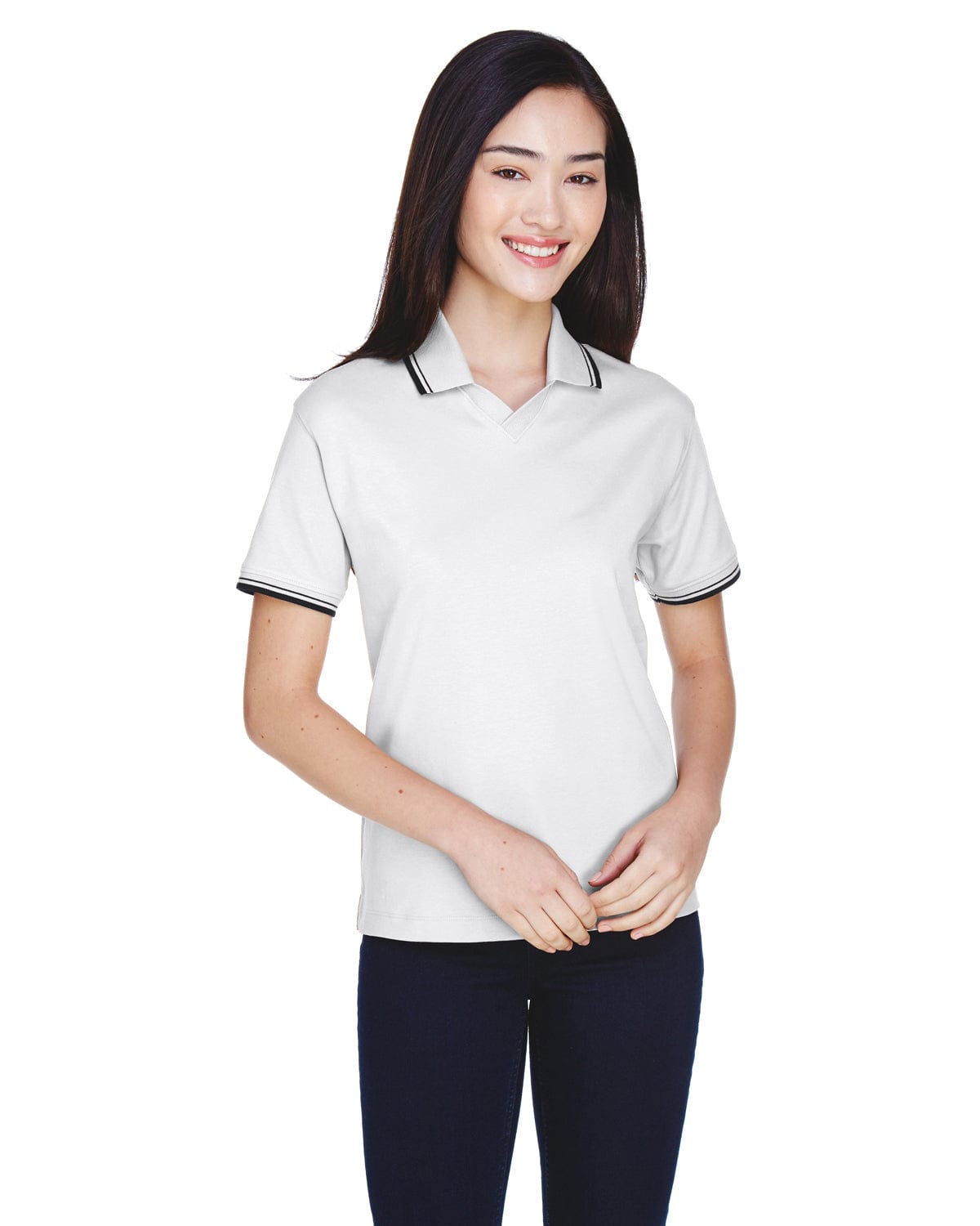 Devon & Jones Ladies Tipped Perfect Pima Polo Shirt D140W | White/ Navy - Front