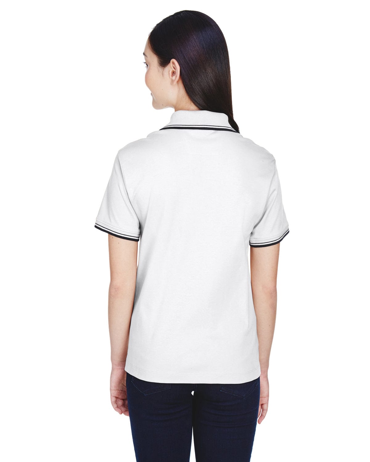 Devon & Jones Ladies Tipped Perfect Pima Polo Shirt D140W | White/ Navy - Back
