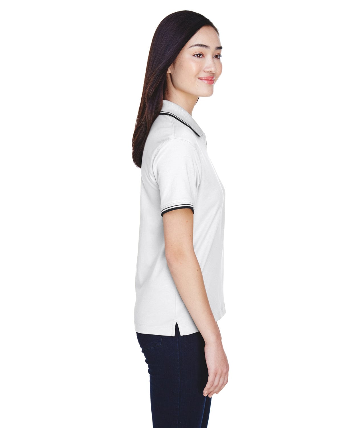 Devon & Jones Ladies Tipped Perfect Pima Polo Shirt D140W | White/ Navy - Side