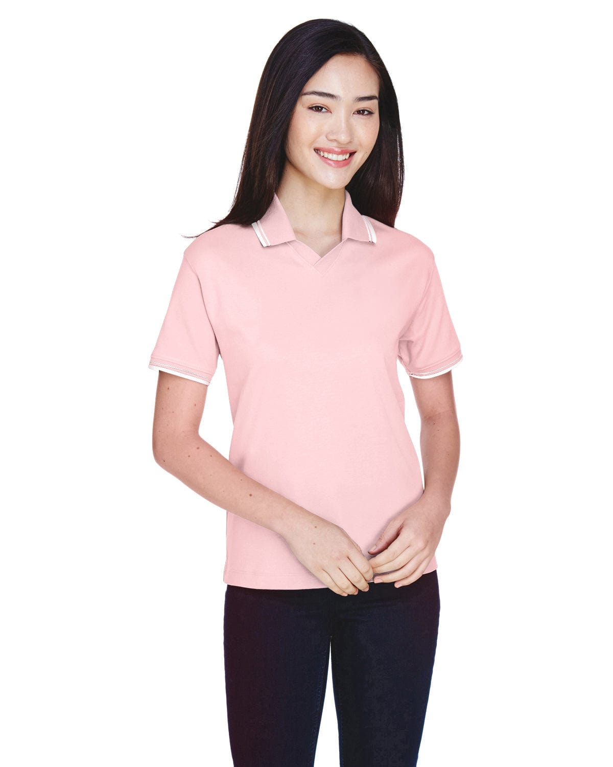 Devon & Jones Ladies Tipped Perfect Pima Polo Shirt D140W | Pink/ White - Front