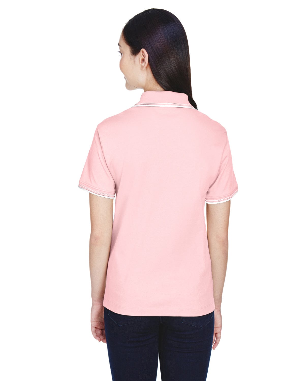 Devon & Jones Ladies Tipped Perfect Pima Polo Shirt D140W | Pink/ White - Back