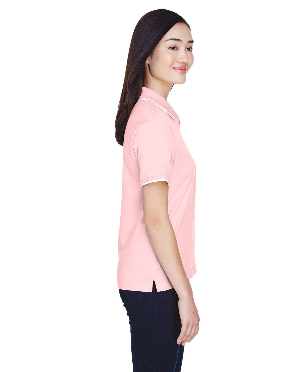 Devon & Jones Ladies Tipped Perfect Pima Polo Shirt D140W | Pink/ White - Side