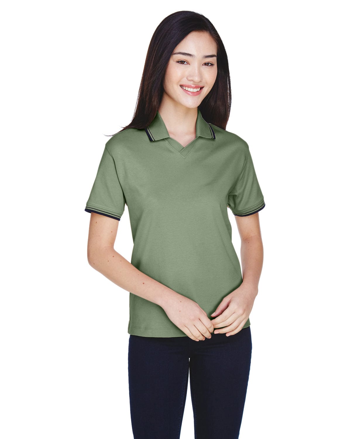Devon & Jones Ladies Tipped Perfect Pima Polo Shirt D140W | Dill/ Navy - Front