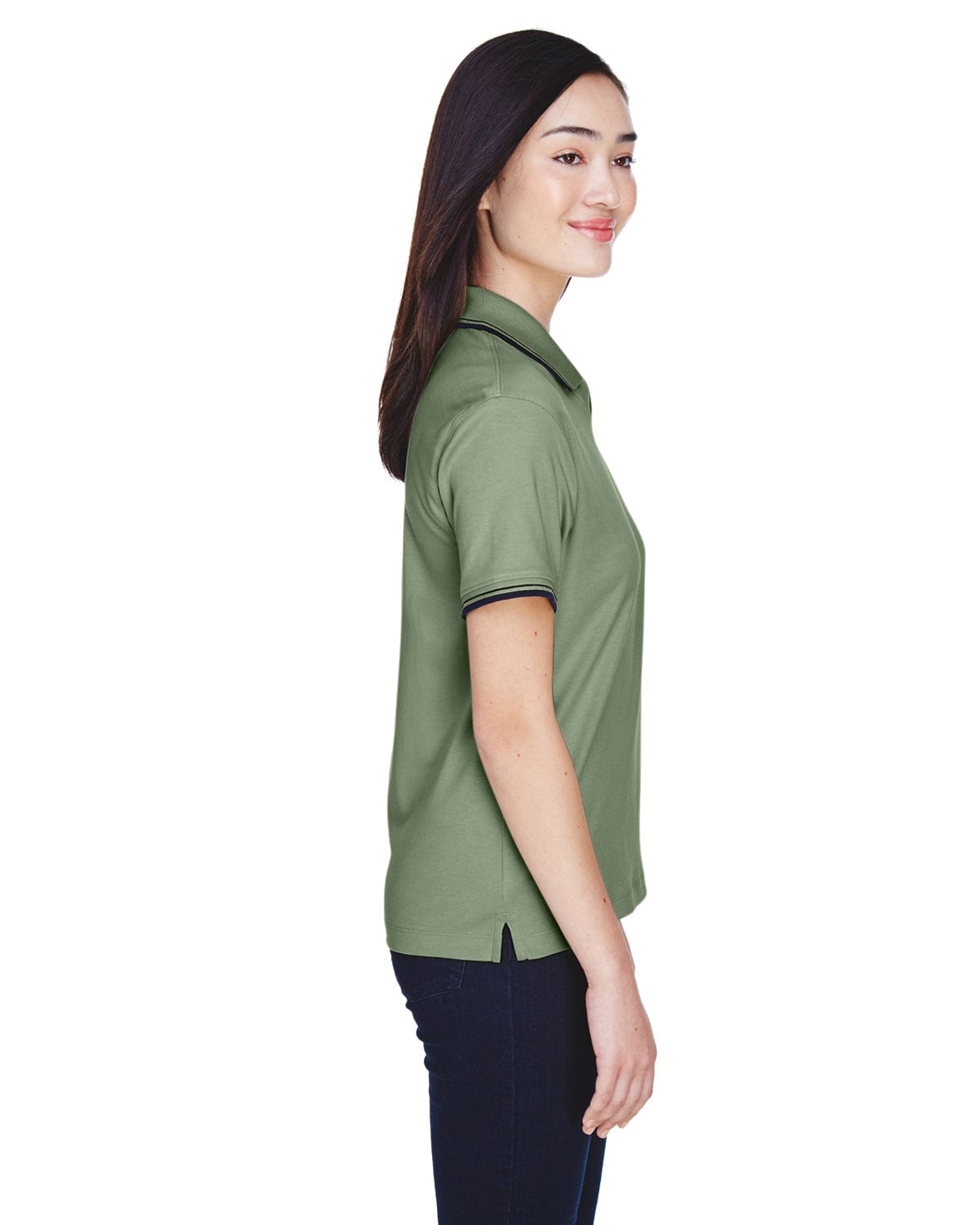 Devon & Jones Ladies Tipped Perfect Pima Polo Shirt D140W | Dill/ Navy - Back