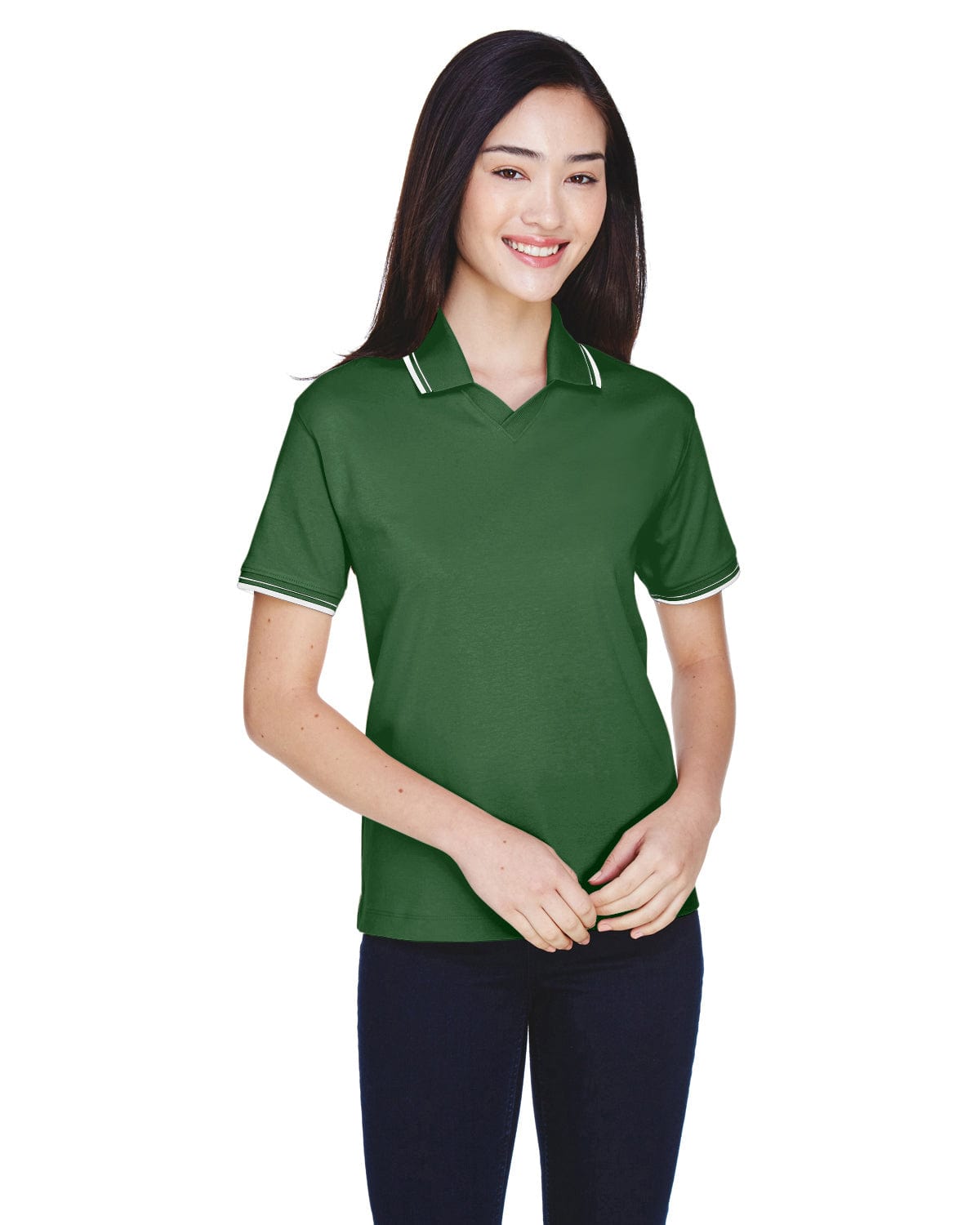Devon & Jones Ladies Tipped Perfect Pima Polo Shirt D140W | Forest/ Creme - Front
