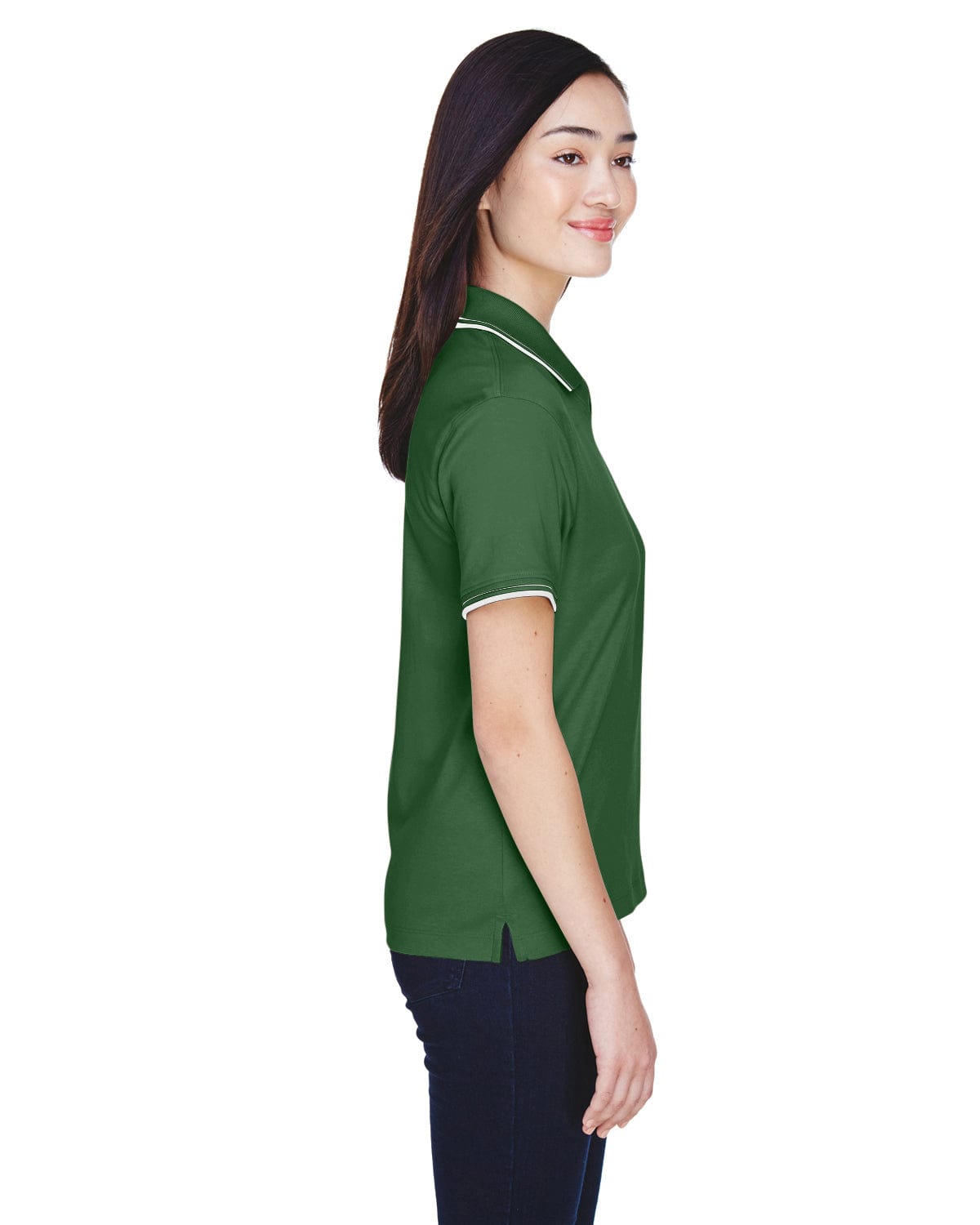Devon & Jones Ladies Tipped Perfect Pima Polo Shirt D140W | Forest/ Creme - Side