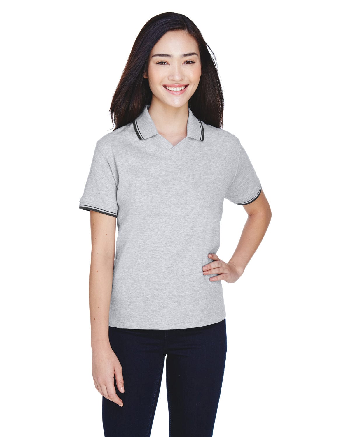 Devon & Jones Ladies Tipped Perfect Pima Polo Shirt D140W | Gry Heather/ Nvy - Front