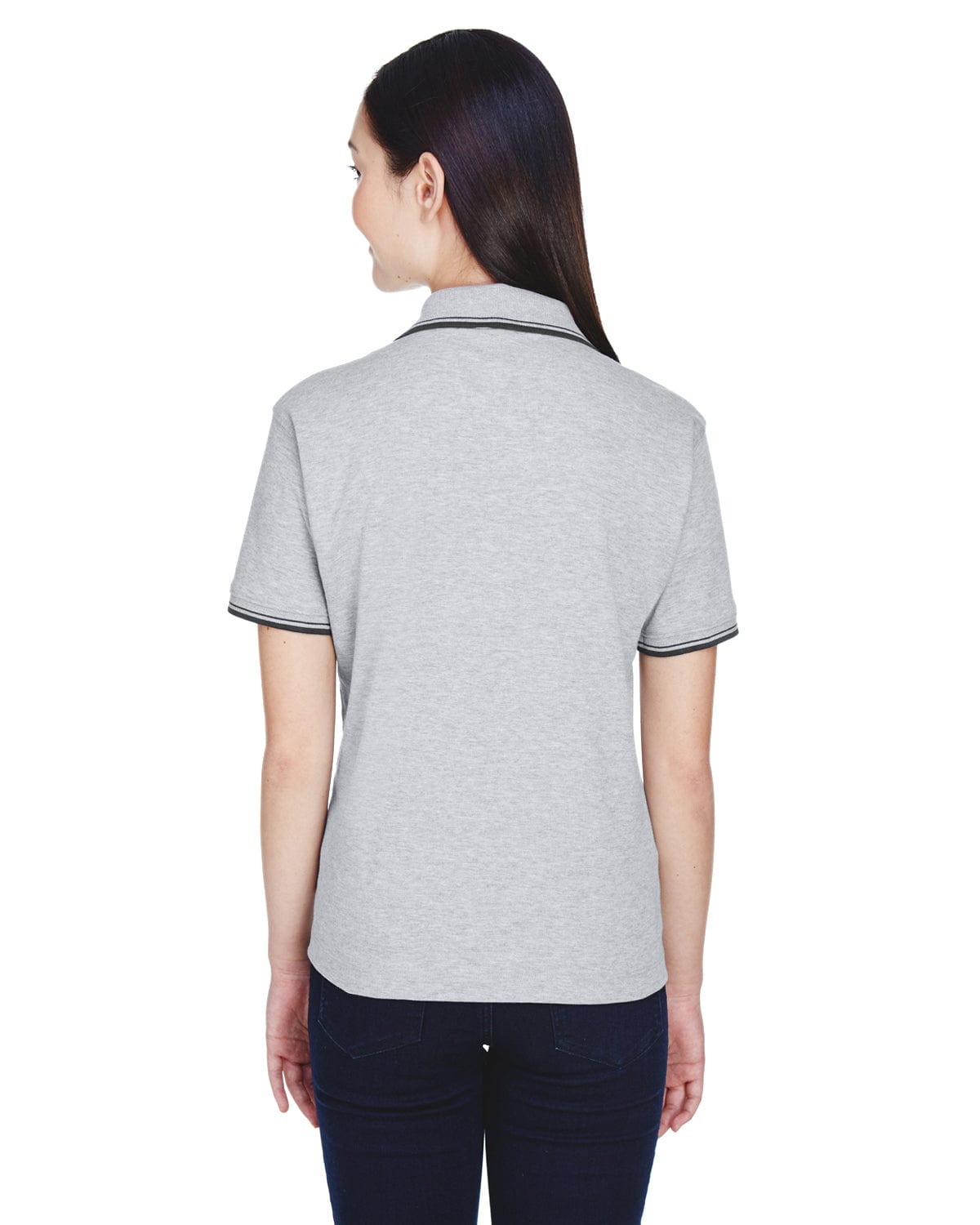 Devon & Jones Ladies Tipped Perfect Pima Polo Shirt D140W | Gry Heather/ Nvy - Back