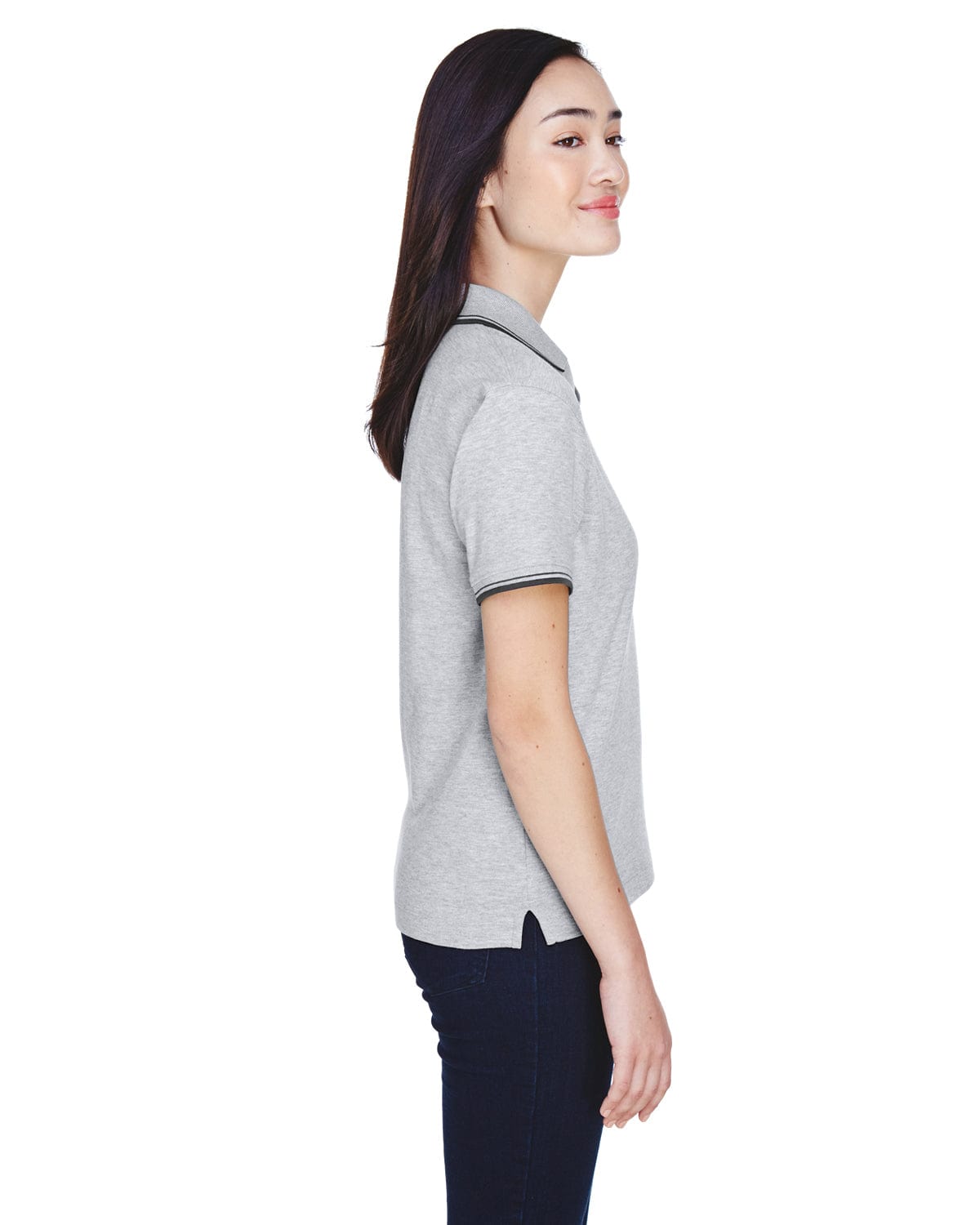 Devon & Jones Ladies Tipped Perfect Pima Polo Shirt D140W | Gry Heather/ Nvy - Side