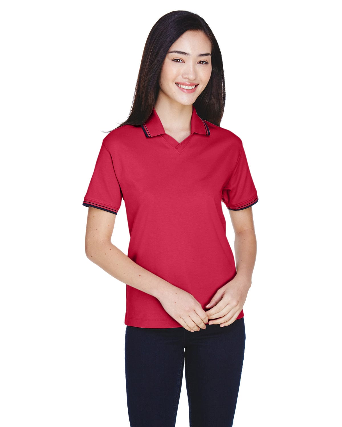 Devon & Jones Ladies Tipped Perfect Pima Polo Shirt D140W | Red/ Navy - Front
