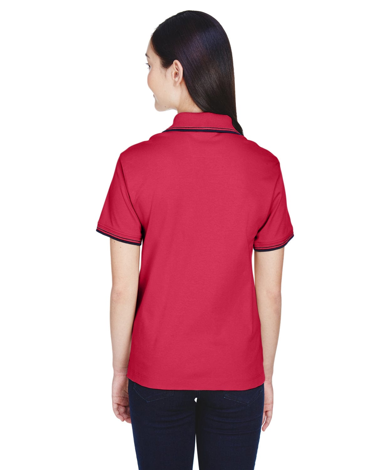Devon & Jones Ladies Tipped Perfect Pima Polo Shirt D140W | Red/ Navy - Back
