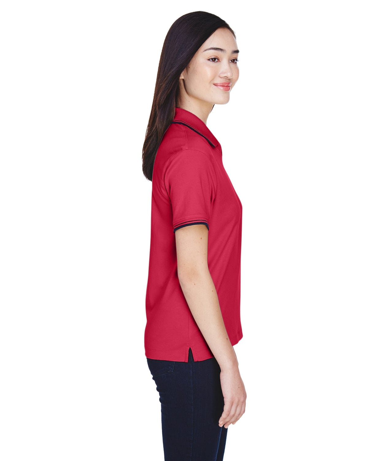 Devon & Jones Ladies Tipped Perfect Pima Polo Shirt D140W | Red/ Navy - Side