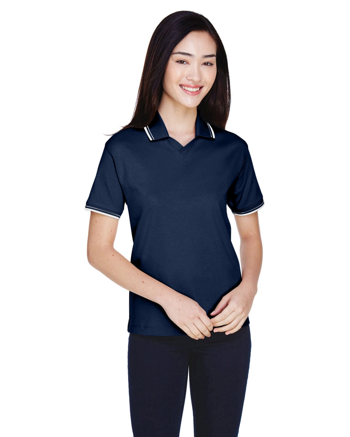 Devon & Jones Ladies Tipped Perfect Pima Polo Shirt D140W | Navy/ White - Front
