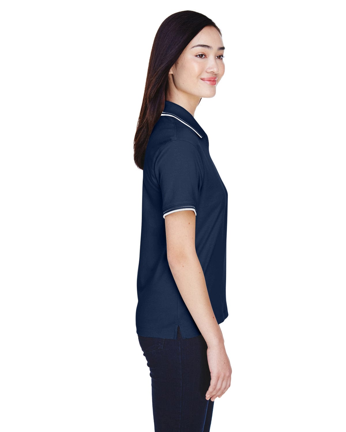 Devon & Jones Ladies Tipped Perfect Pima Polo Shirt D140W | Navy/ White - Side