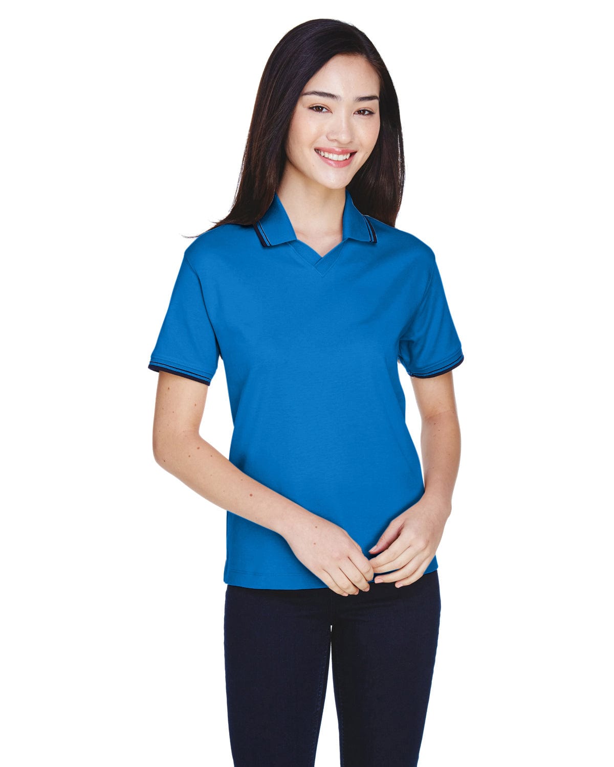 Devon & Jones Ladies Tipped Perfect Pima Polo Shirt D140W | French Blue/ Nvy - Front