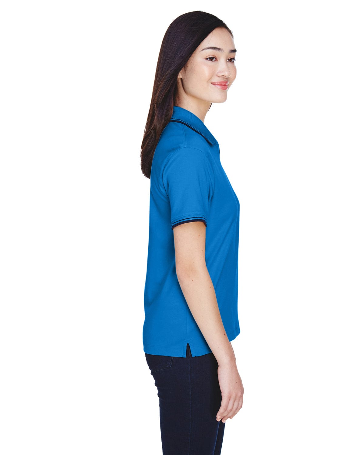 Devon & Jones Ladies Tipped Perfect Pima Polo Shirt D140W | French Blue/ Nvy - Side