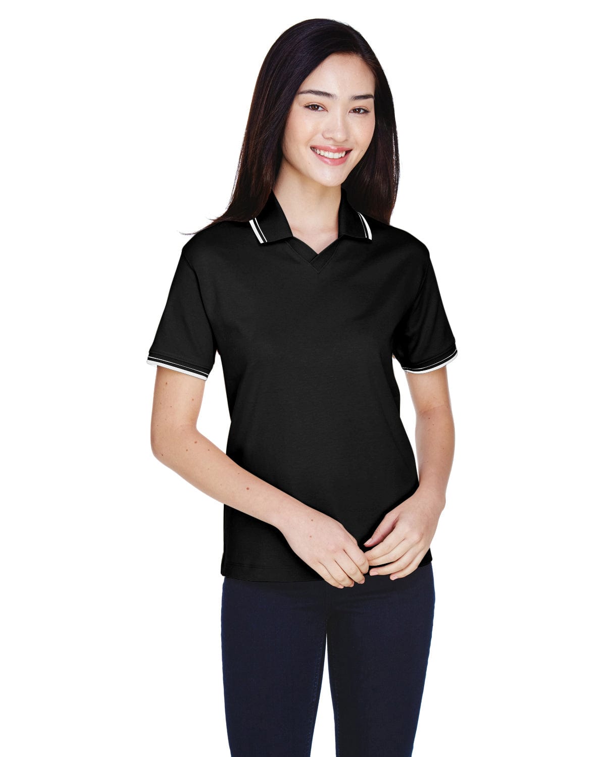 Devon & Jones Ladies Tipped Perfect Pima Polo Shirt D140W | Black/ White - Front