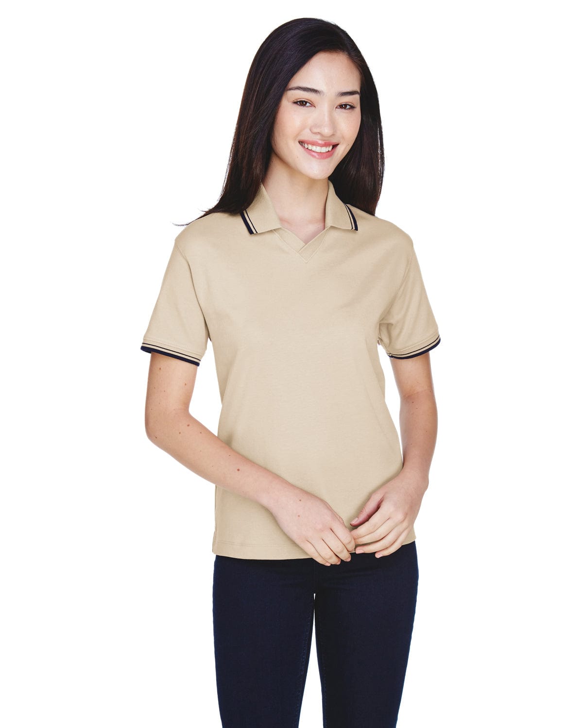Devon & Jones Ladies Tipped Perfect Pima Polo Shirt D140W | Stone/ Navy - Front