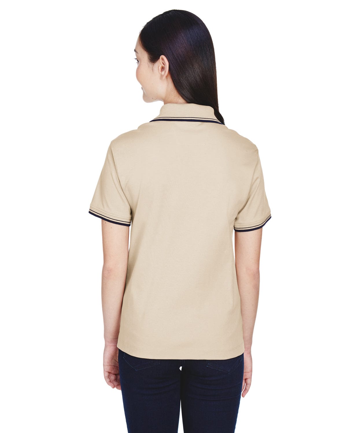 Devon & Jones Ladies Tipped Perfect Pima Polo Shirt D140W | Stone/ Navy - Back