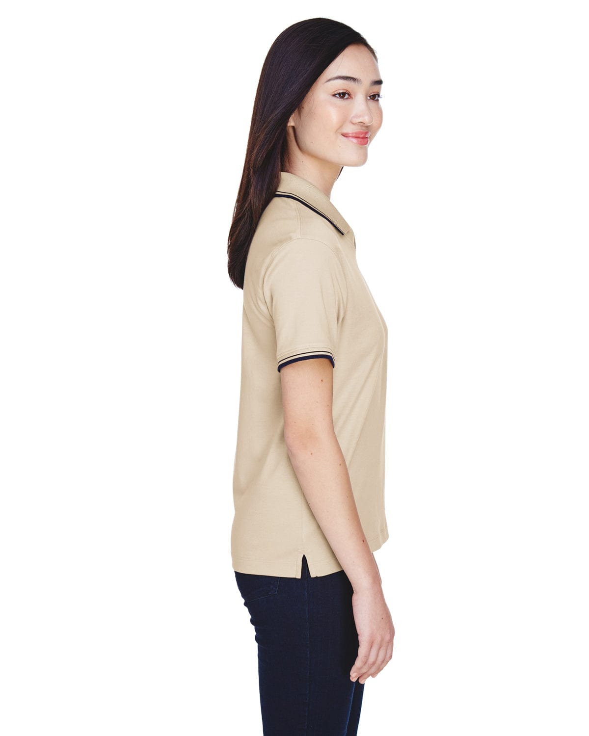 Devon & Jones Ladies Tipped Perfect Pima Polo Shirt D140W | Stone/ Navy - Side