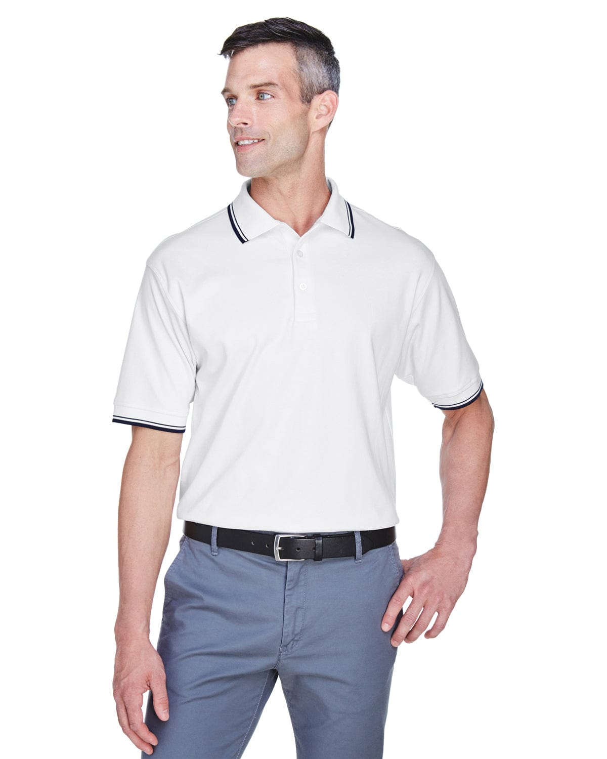 Devon & Jones Tipped Perfect Pima Polo Shirt D140 | White/ Navy - Front