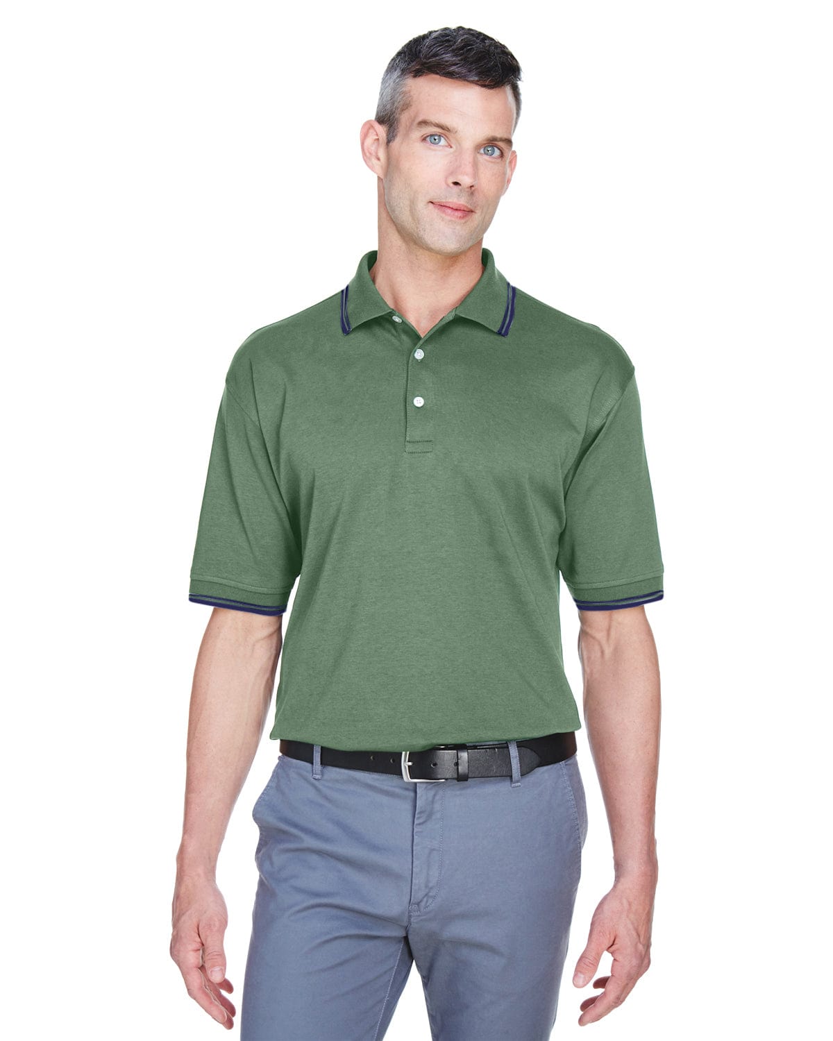 Devon & Jones Tipped Perfect Pima Polo Shirt D140 | Dill/ Navy - Front