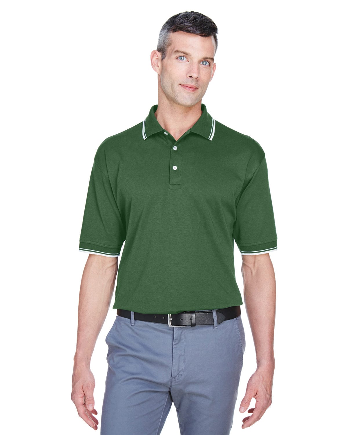 Devon & Jones Tipped Perfect Pima Polo Shirt D140 | Forest/ Creme - Front