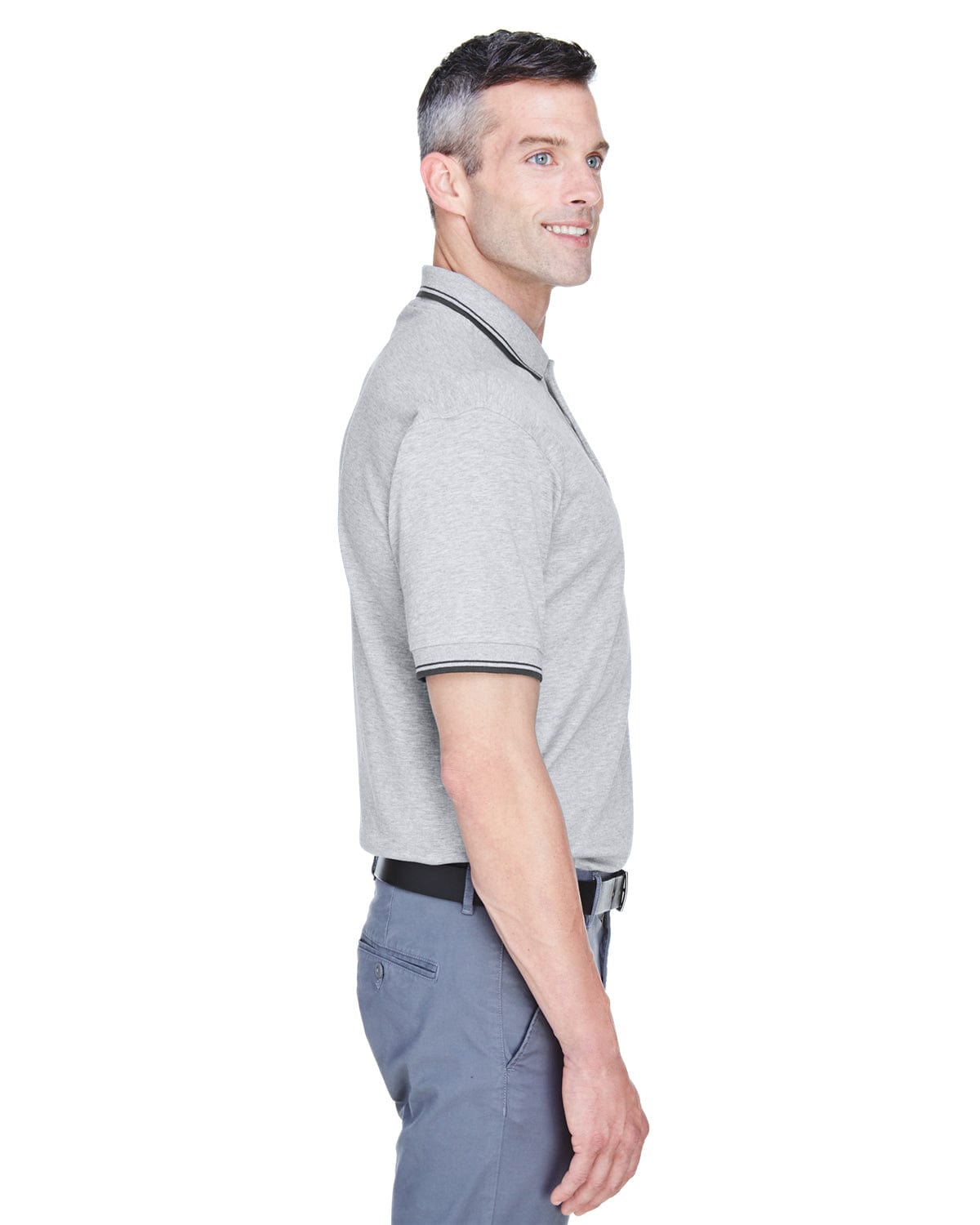 Devon & Jones Tipped Perfect Pima Polo Shirt D140 | Gry Heather/ Nvy - Side