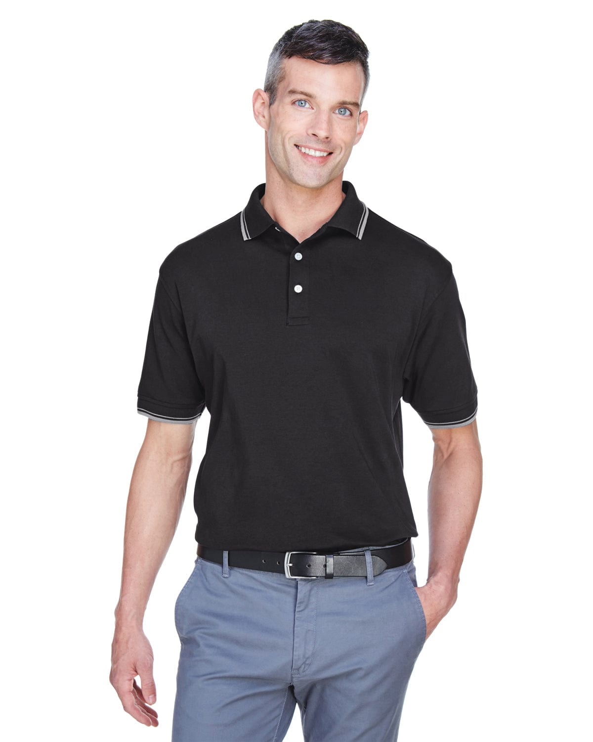 Devon & Jones Tipped Perfect Pima Polo Shirt D140 | Black/ Grey Hthr - Front