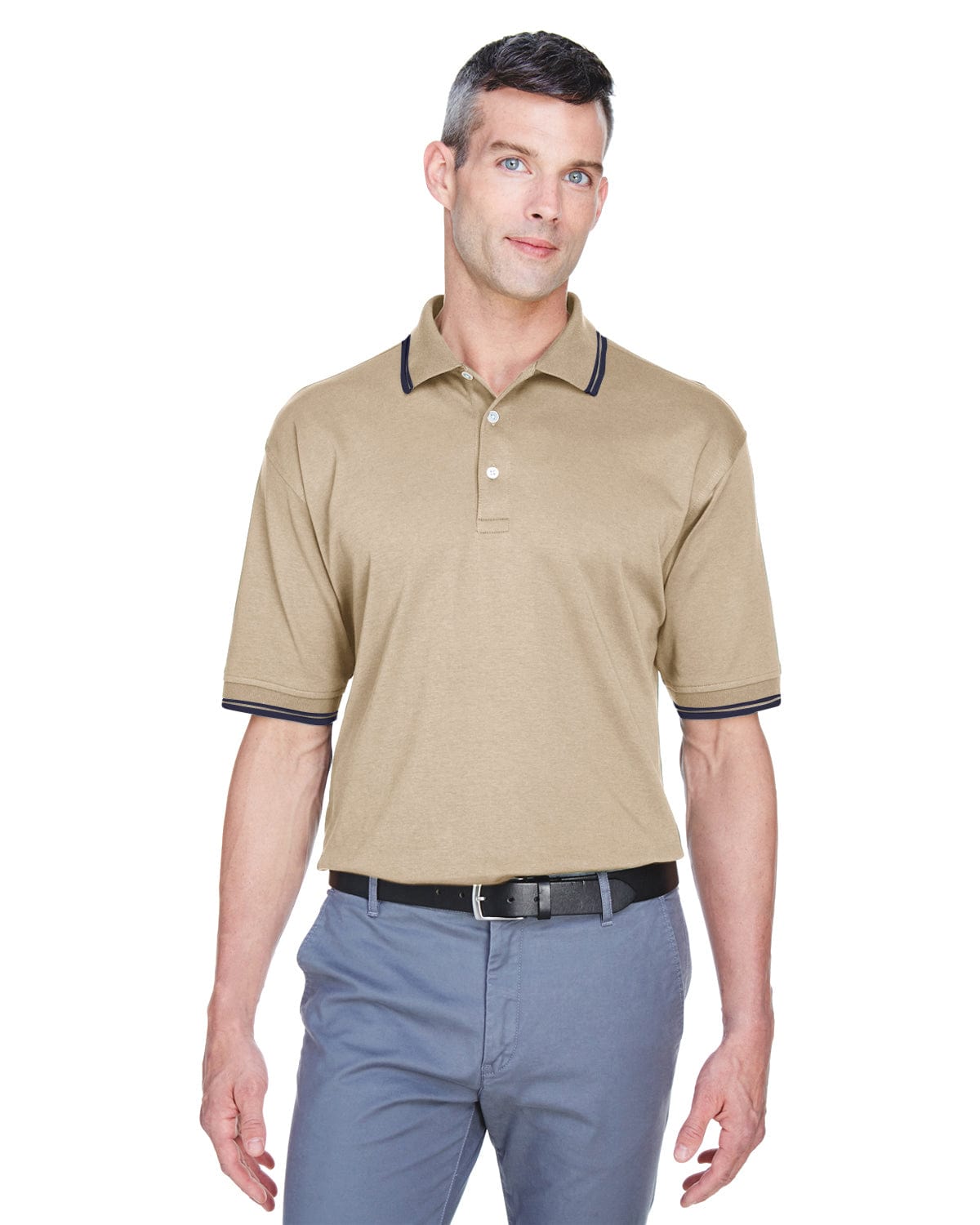 Devon & Jones Tipped Perfect Pima Polo Shirt D140 | Stone/ Navy - Front