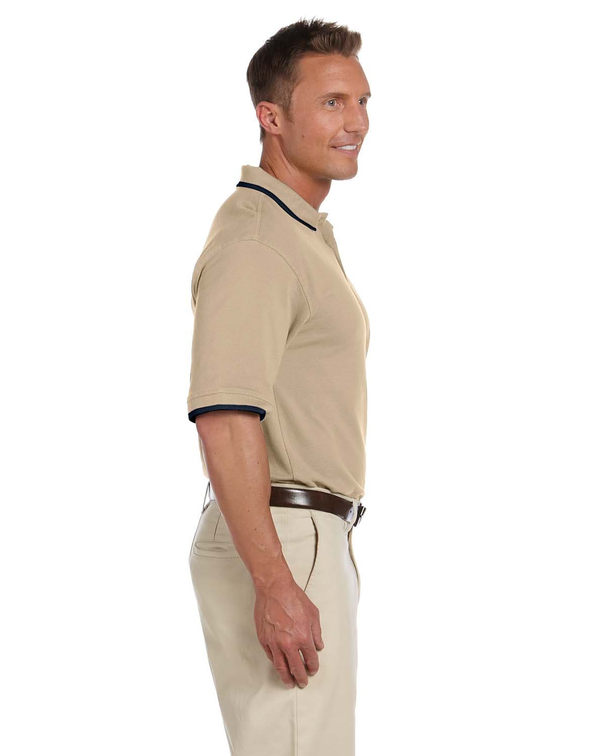 Harriton Pique Knit Polo Shirt with Tipped Collar M210 | Stone/ Navy - Side