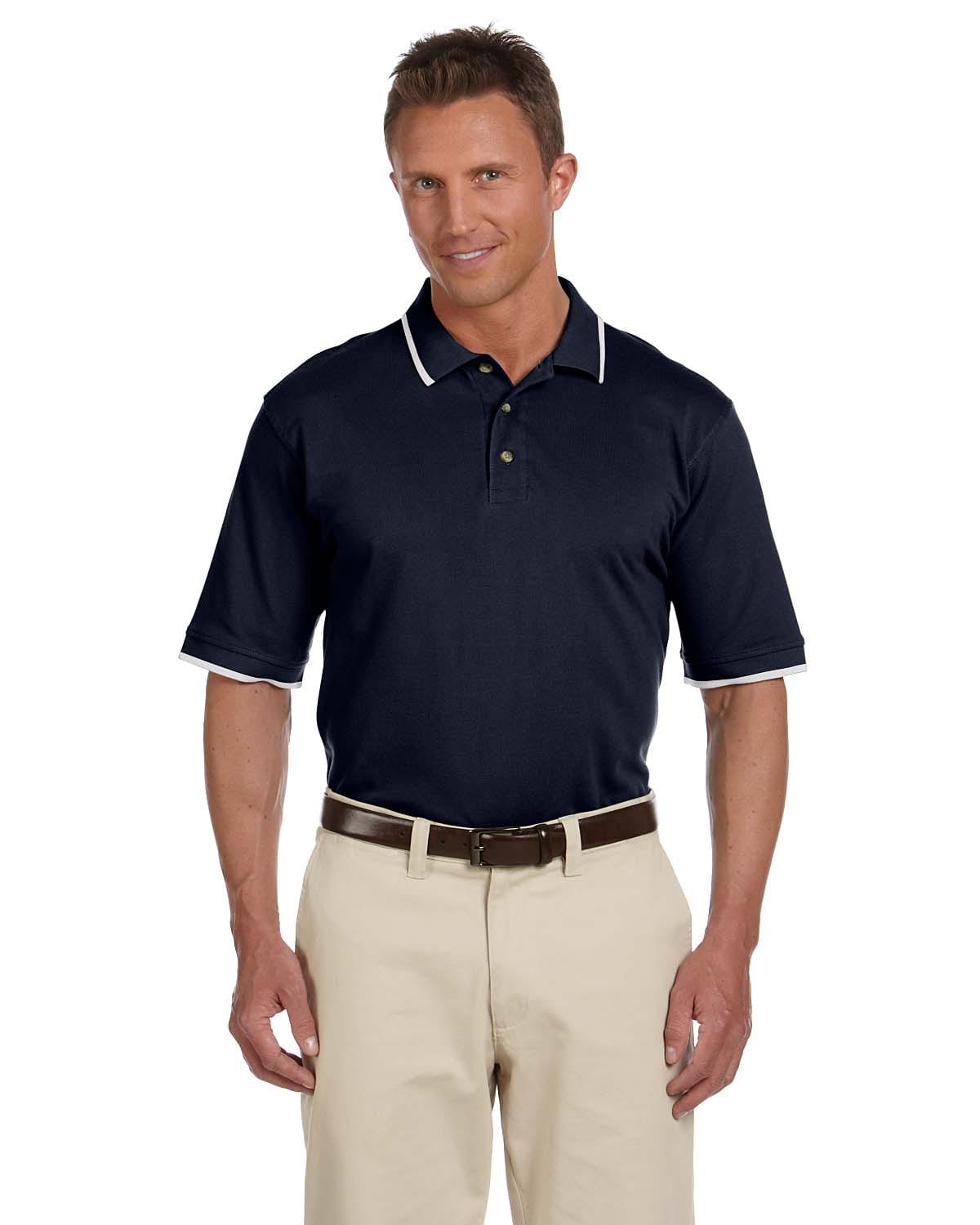Harriton Pique Knit Polo Shirt with Tipped Collar M210 | Navy/ White - Front