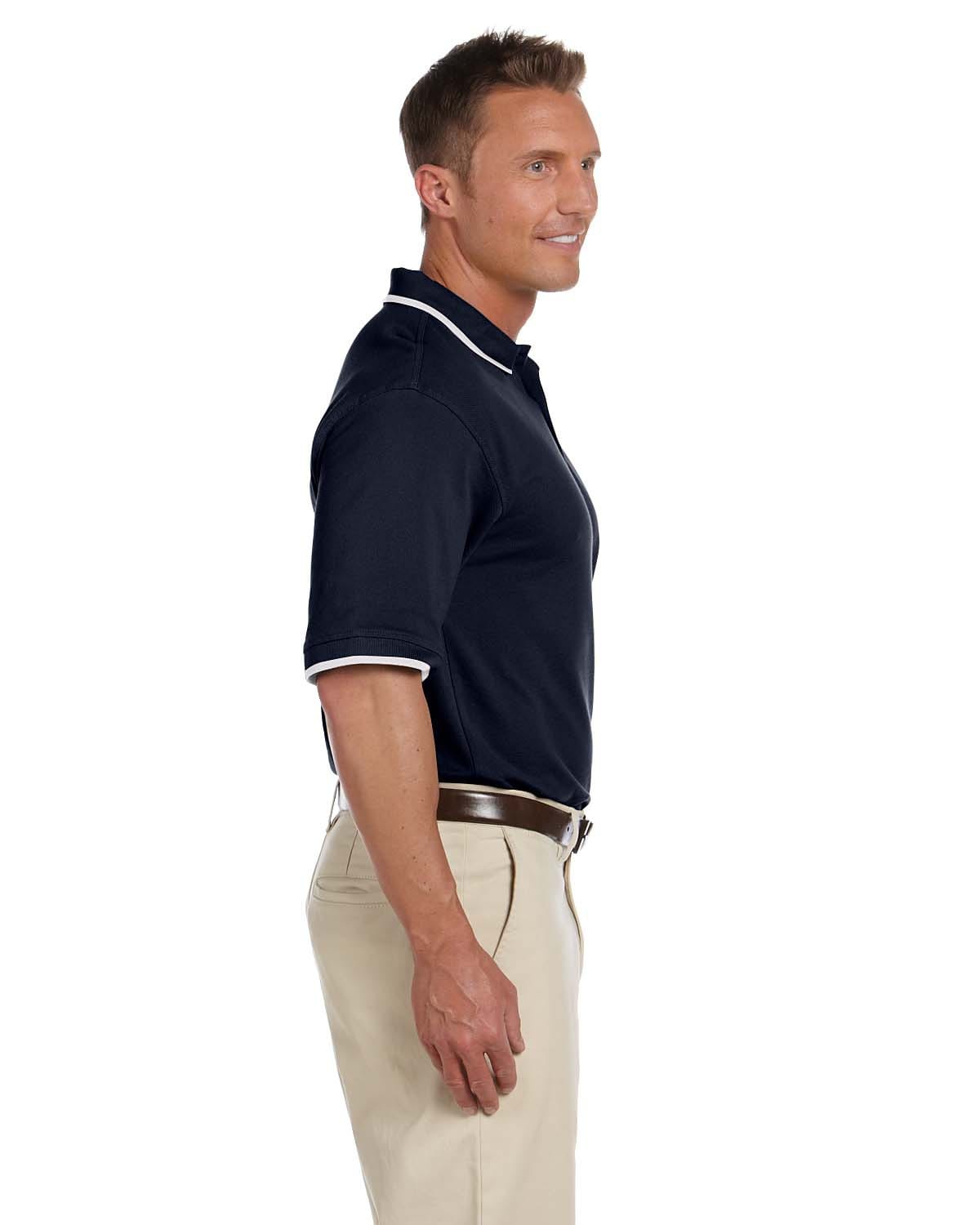 Harriton Pique Knit Polo Shirt with Tipped Collar M210 | Navy/ White - Side