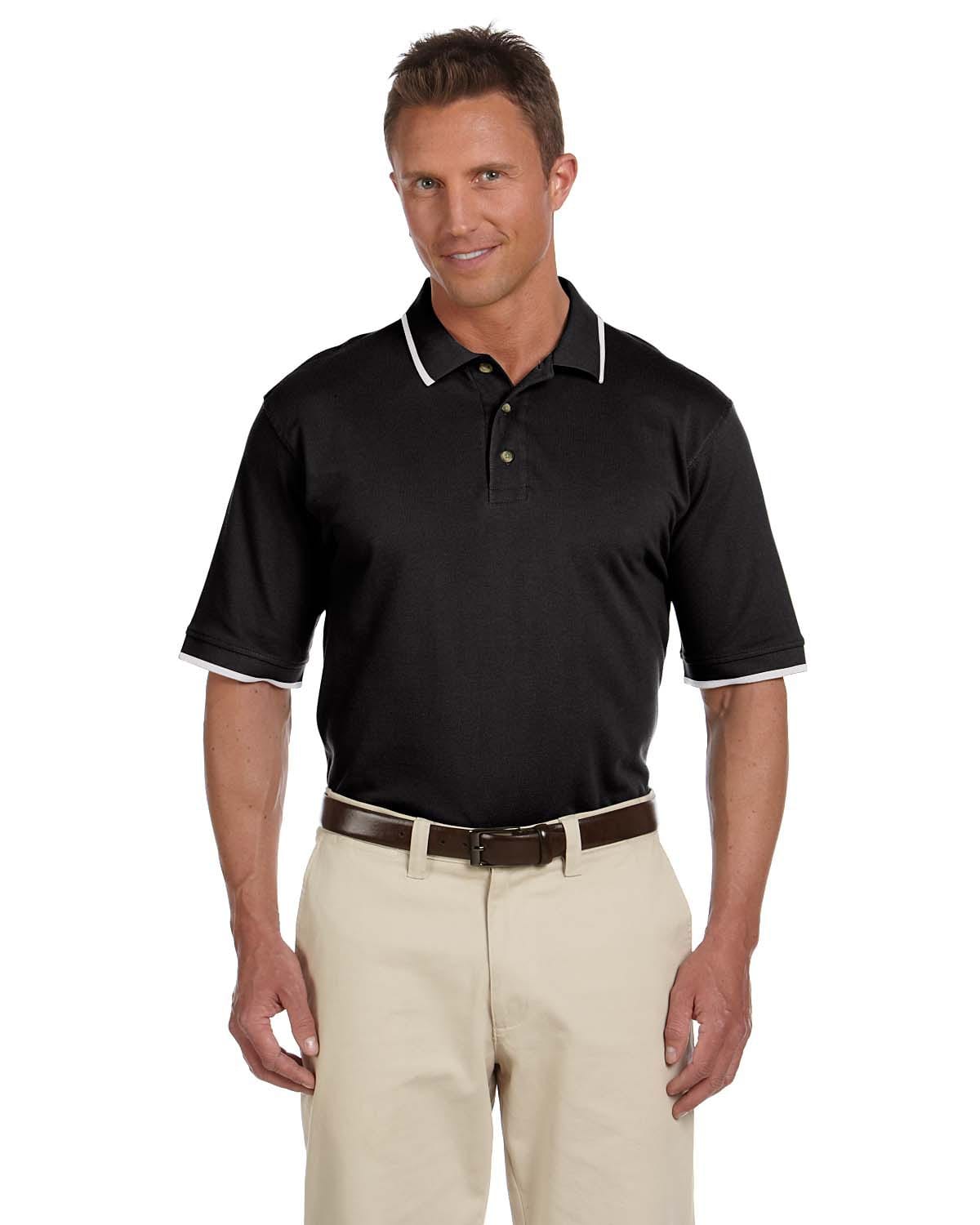 Harriton Pique Knit Polo Shirt with Tipped Collar M210 | Black/ White - Front