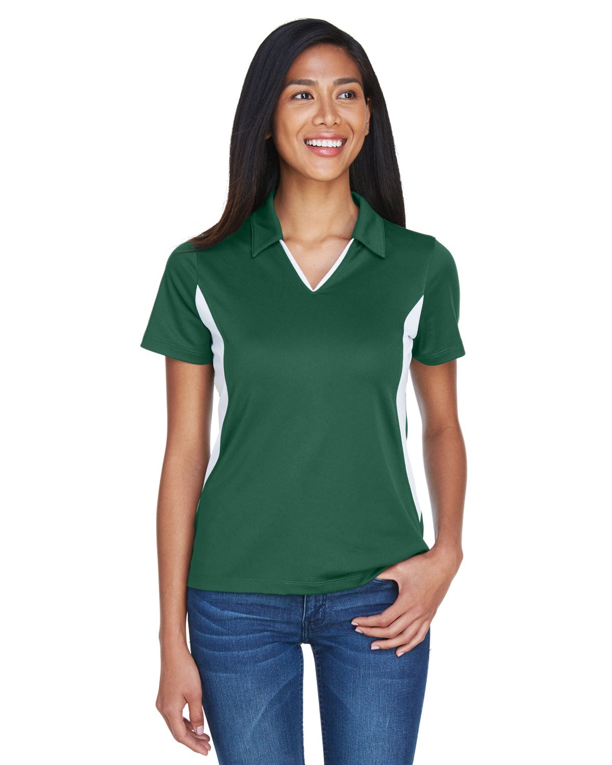 Harriton Ladies Side Block Micro-Pique Polo Shirt M355W | Dk Green/ White - Front