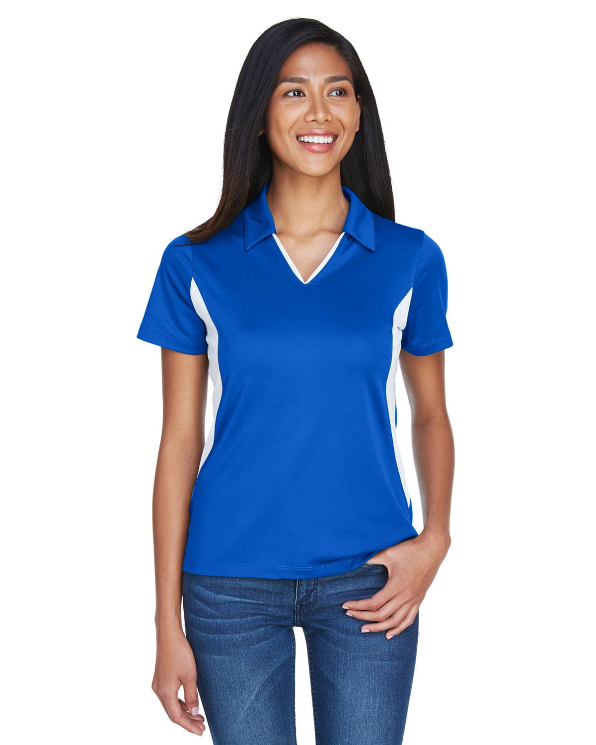 Harriton Ladies Side Block Micro-Pique Polo Shirt M355W | True Royal/ Wht - Front