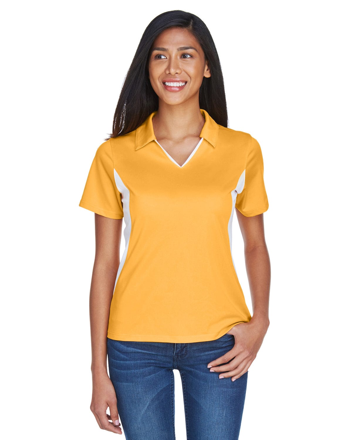Harriton Ladies Side Block Micro-Pique Polo Shirt M355W | Gold/ White - Front