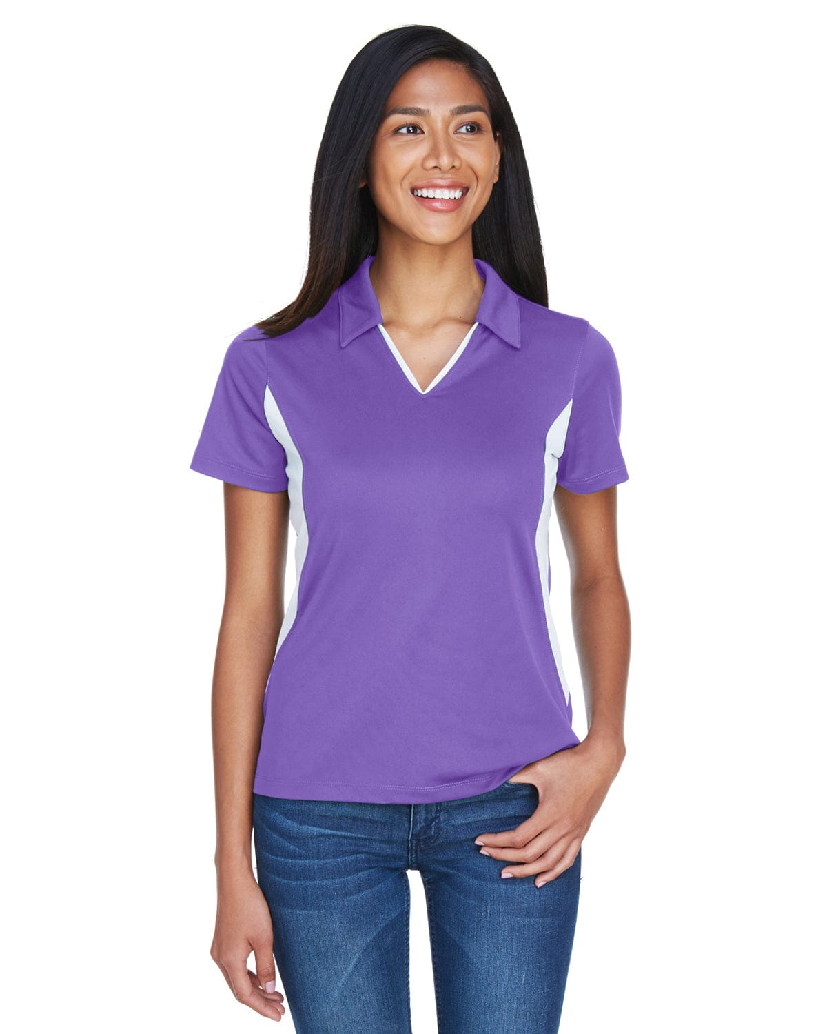Harriton Ladies Side Block Micro-Pique Polo Shirt M355W | Team Purple/ Wht - Front