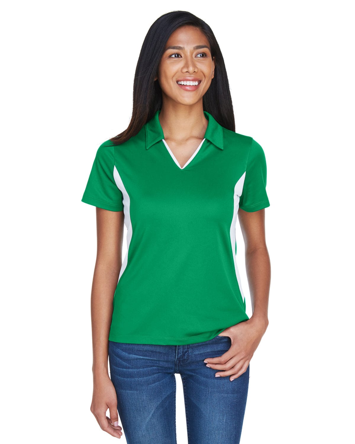 Harriton Ladies Side Block Micro-Pique Polo Shirt M355W | Kelly/ White - Front
