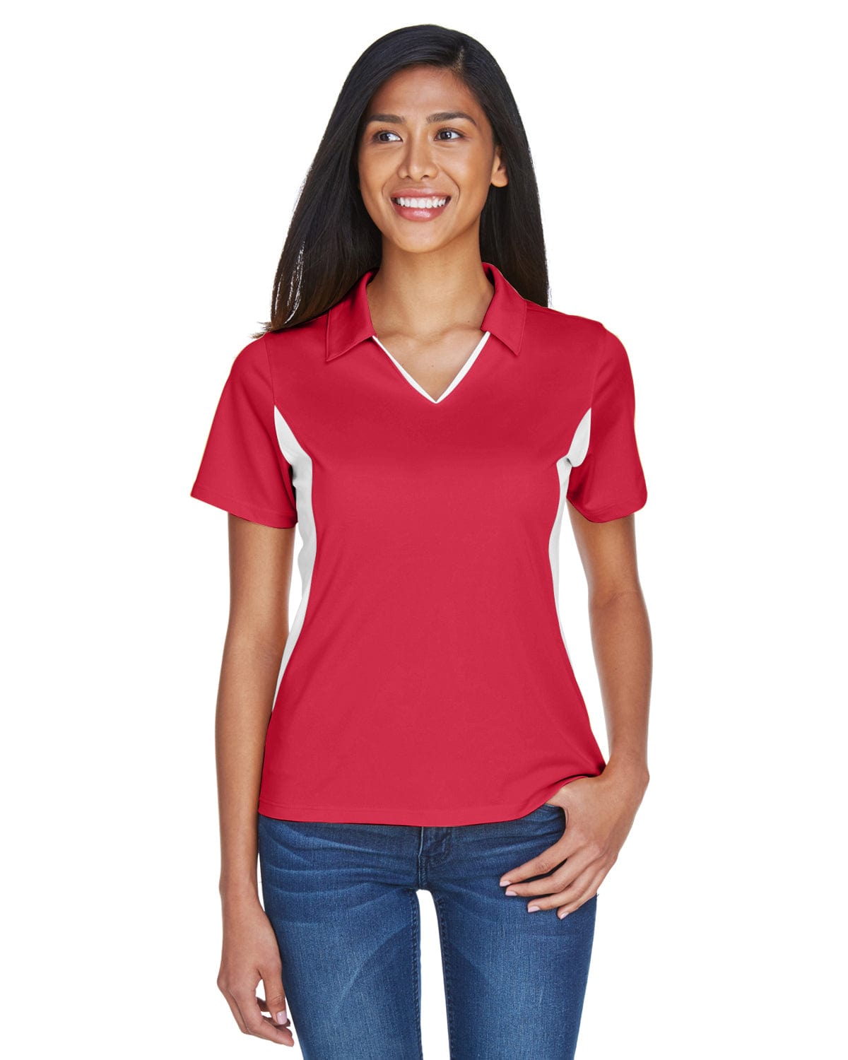 Harriton Ladies Side Block Micro-Pique Polo Shirt M355W | Red/ White - Front