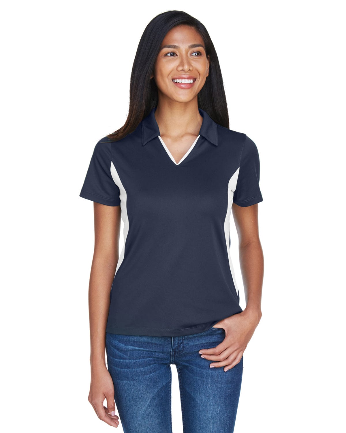 Harriton Ladies Side Block Micro-Pique Polo Shirt M355W | Navy/ White - Front